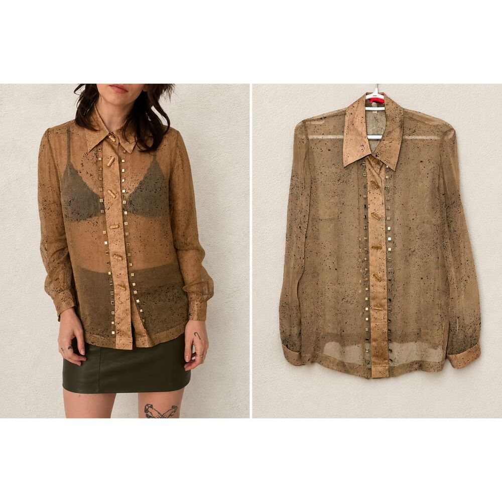 Vintage Very Vera Brown Black Splatter 100% Silk Studded Sheer Blouse M